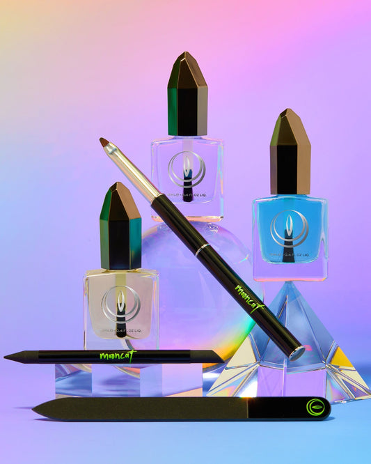 Sleek black manicure set with clear, blue, yellow polishes for long-lasting manicure