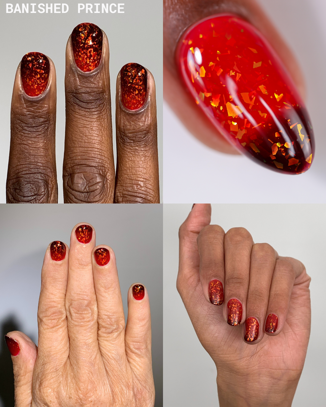 Red glittery nail polish with golden flakes labeled Banished Prince in Lacquer Set