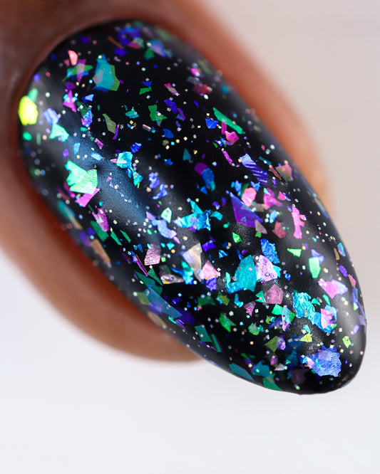 Glossy black nail with iridescent teal, purple, pink glitter from Sugar and Spice Topper preview
