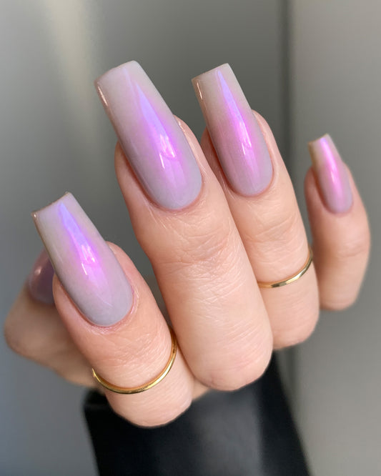 Long coffin nails in Petals for a Narcissist with iridescent lavender-to-pink gradient preview